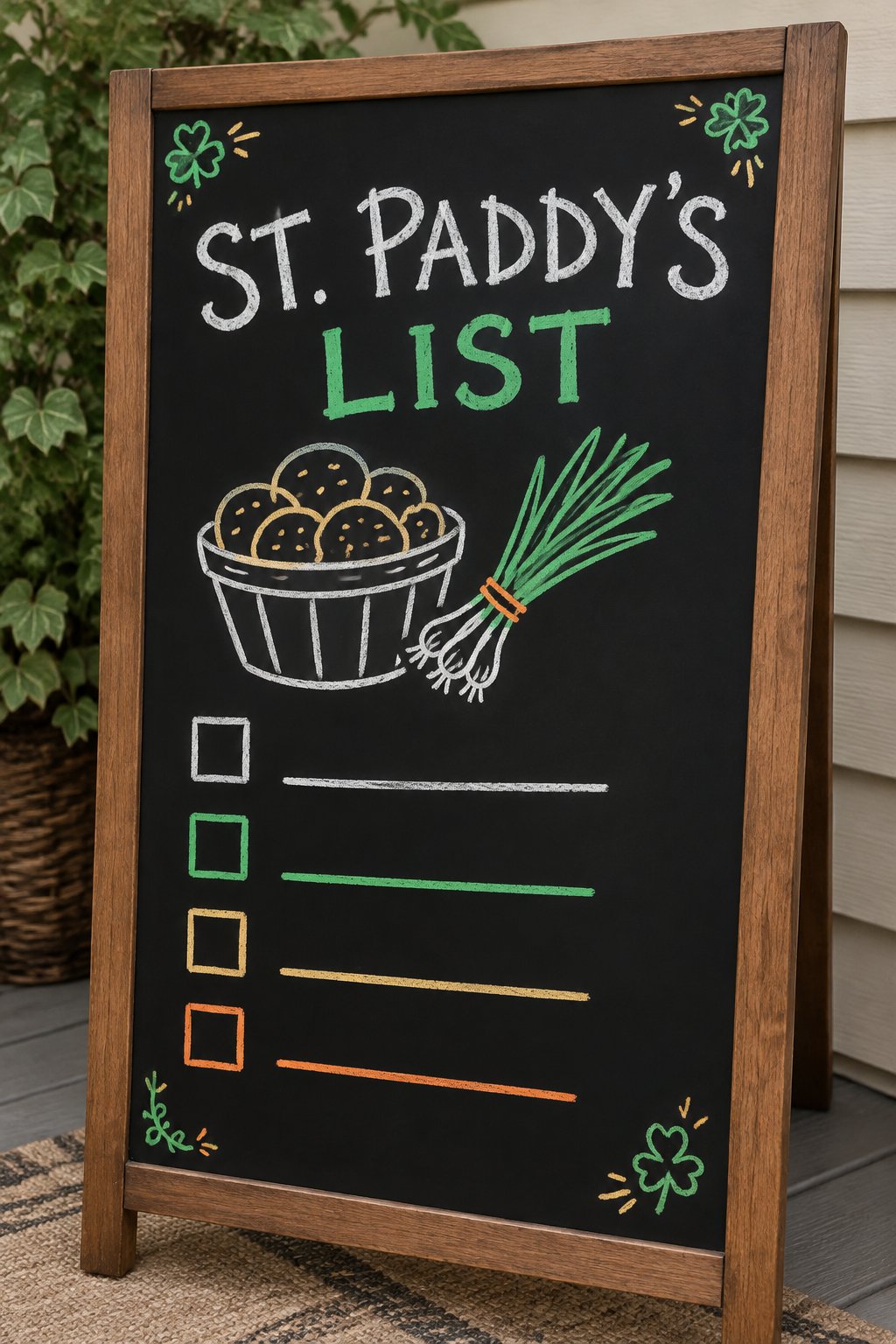Shopping List: a hand-drawn stpatricks chalkboard sign reading "ST. PADDY’S LIST".