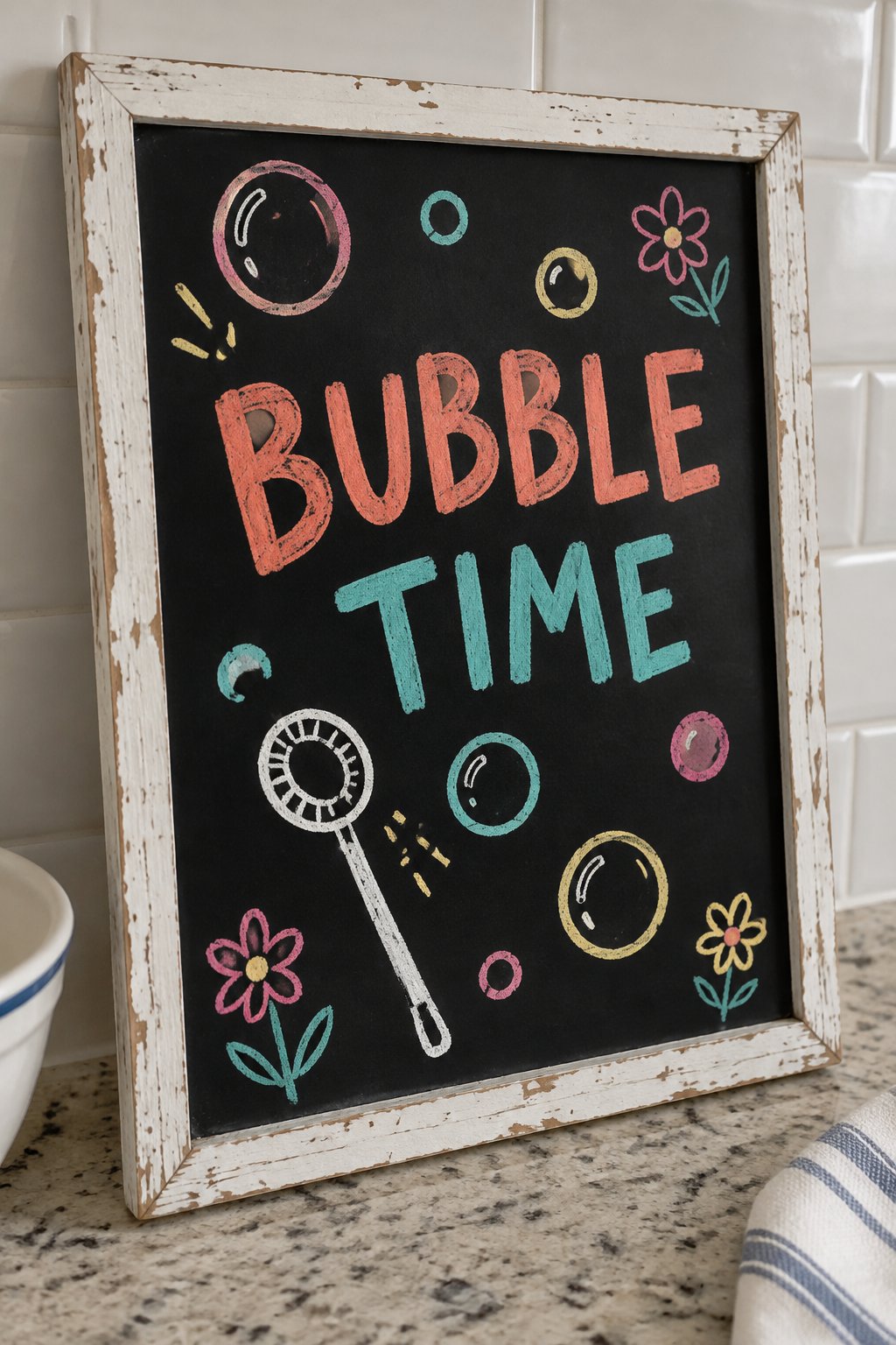 Bubble Day: a hand-drawn spring chalkboard sign reading "BUBBLE TIME".