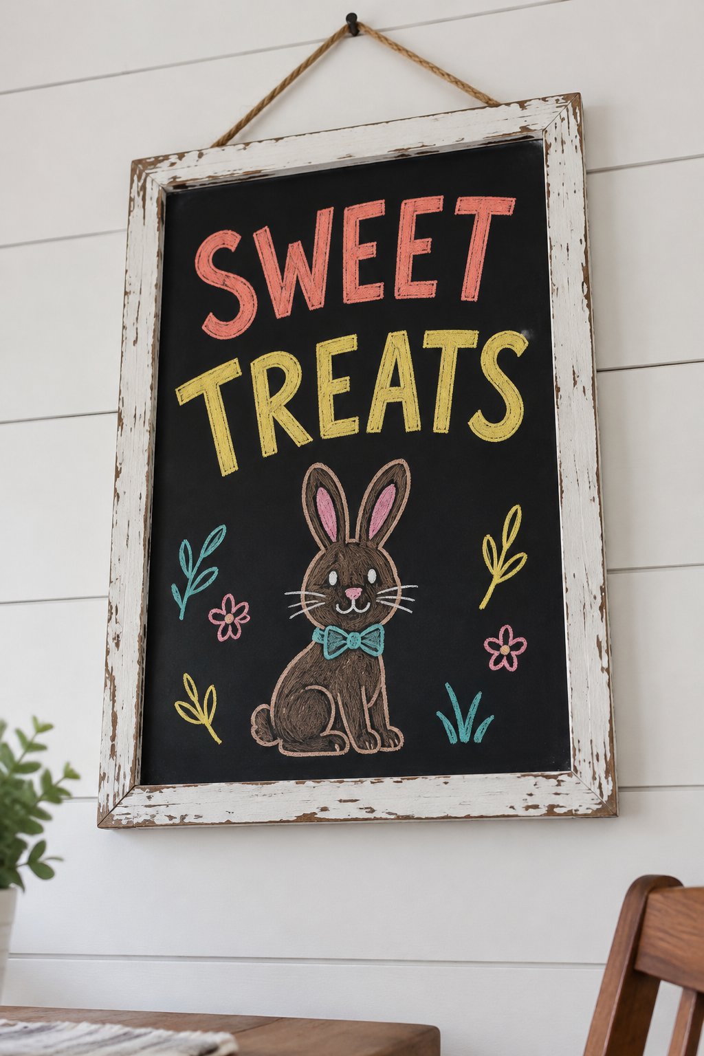 Chocolate Bunny: a hand-drawn spring chalkboard sign reading "SWEET TREATS".
