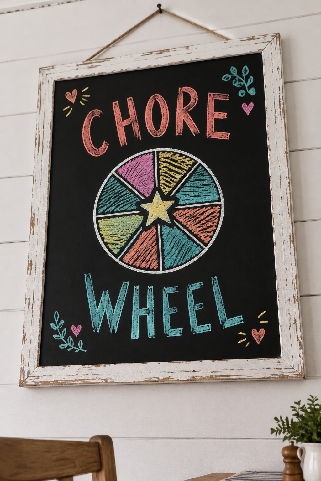 Chore Wheel: a hand-drawn spring chalkboard sign reading "CHORE WHEEL".