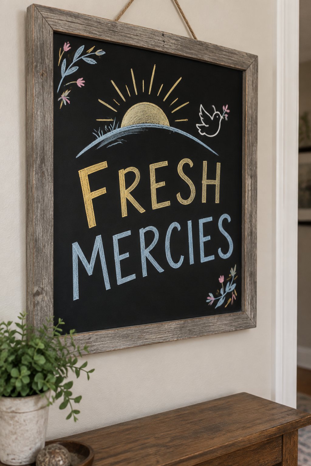 Fresh Mercies: a hand-drawn newyear chalkboard sign reading "FRESH MERCIES".