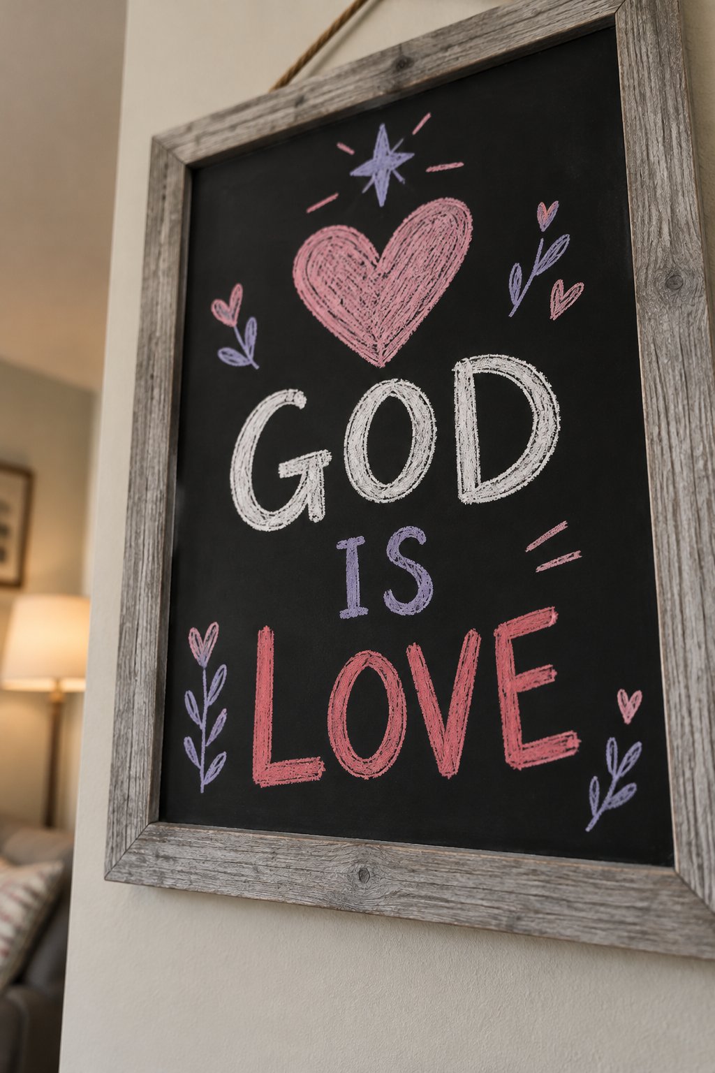 God Is Love: a hand-drawn valentines chalkboard sign reading "GOD IS LOVE".