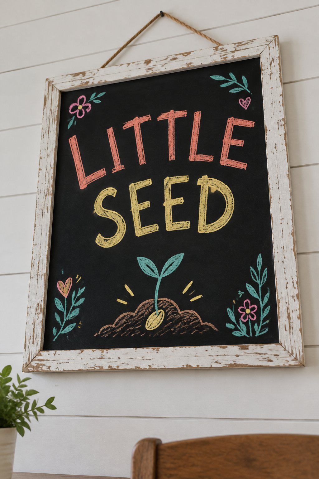 Little Seed Big Hope: a hand-drawn spring chalkboard sign reading "LITTLE SEED".