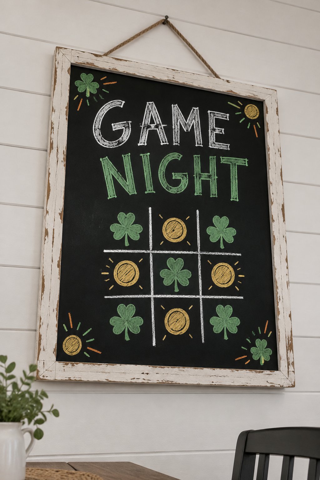 Shamrock Tic Tac Toe: a hand-drawn stpatricks chalkboard sign reading "GAME NIGHT".