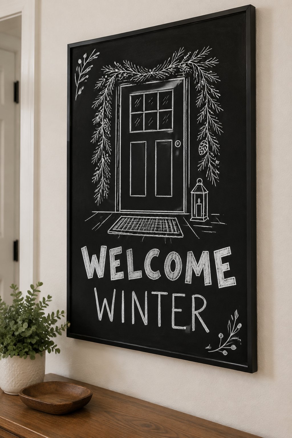 Welcome Winter: a hand-drawn winter chalkboard sign reading "WELCOME WINTER".