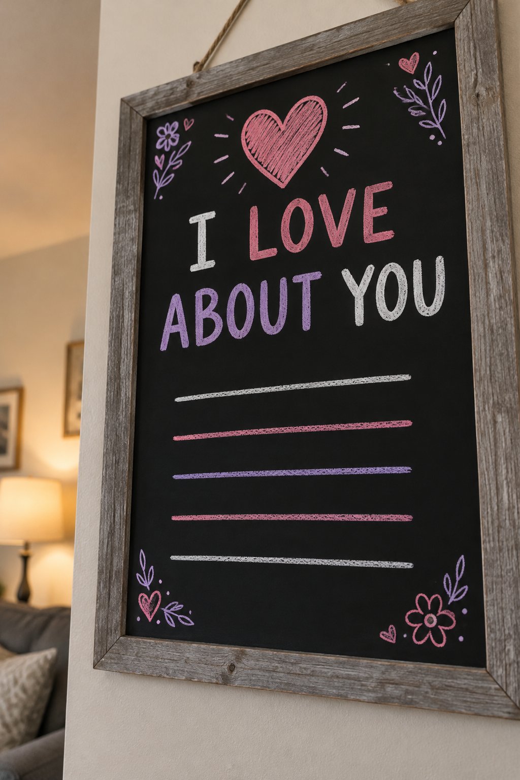 What I Love About You: a hand-drawn valentines chalkboard sign reading "I LOVE ABOUT YOU".