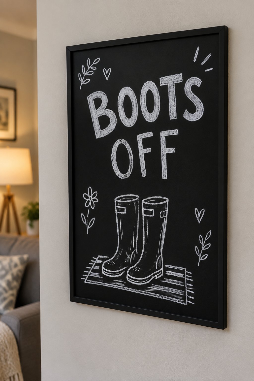 Boots Off: a hand-drawn winter chalkboard sign reading "BOOTS OFF".