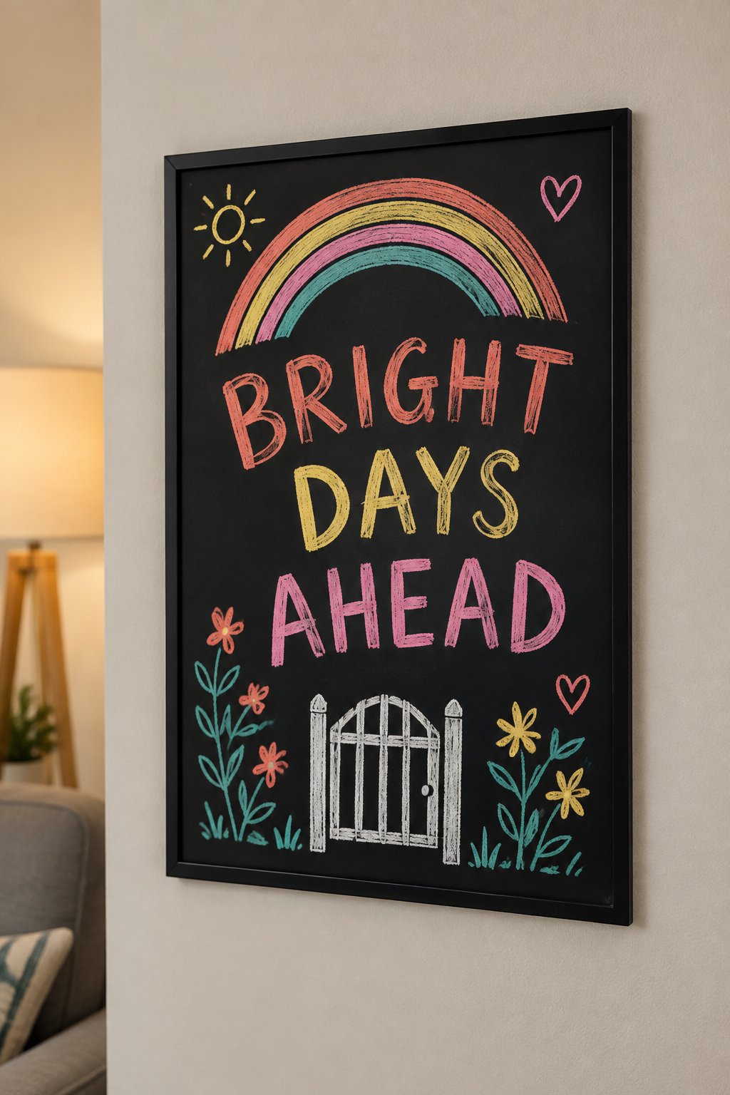 Good Things Coming: a hand-drawn spring chalkboard sign reading "BRIGHT DAYS AHEAD".