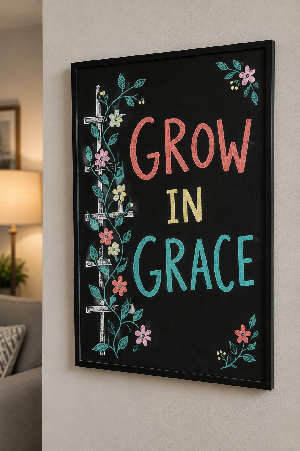 Grow in Grace: a hand-drawn spring chalkboard sign reading "GROW IN GRACE".