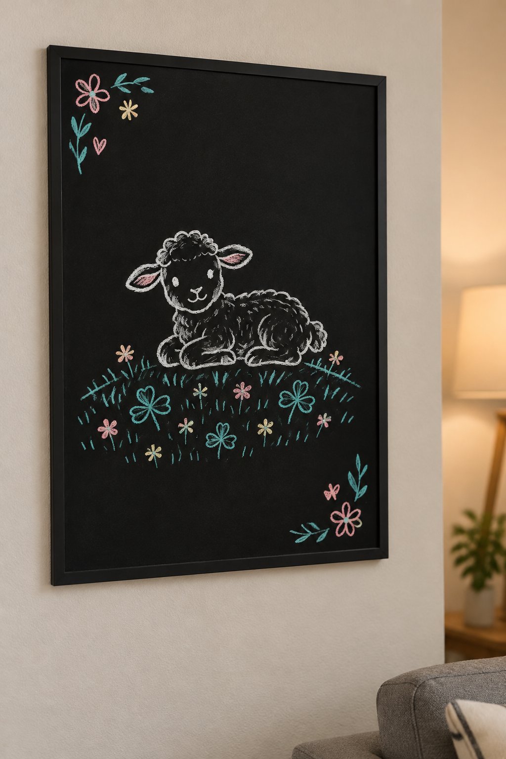 Lamb in the Meadow: a hand-drawn spring chalkboard sign drawn without words, a lamb lying on a hill of clover with tiny flowers.