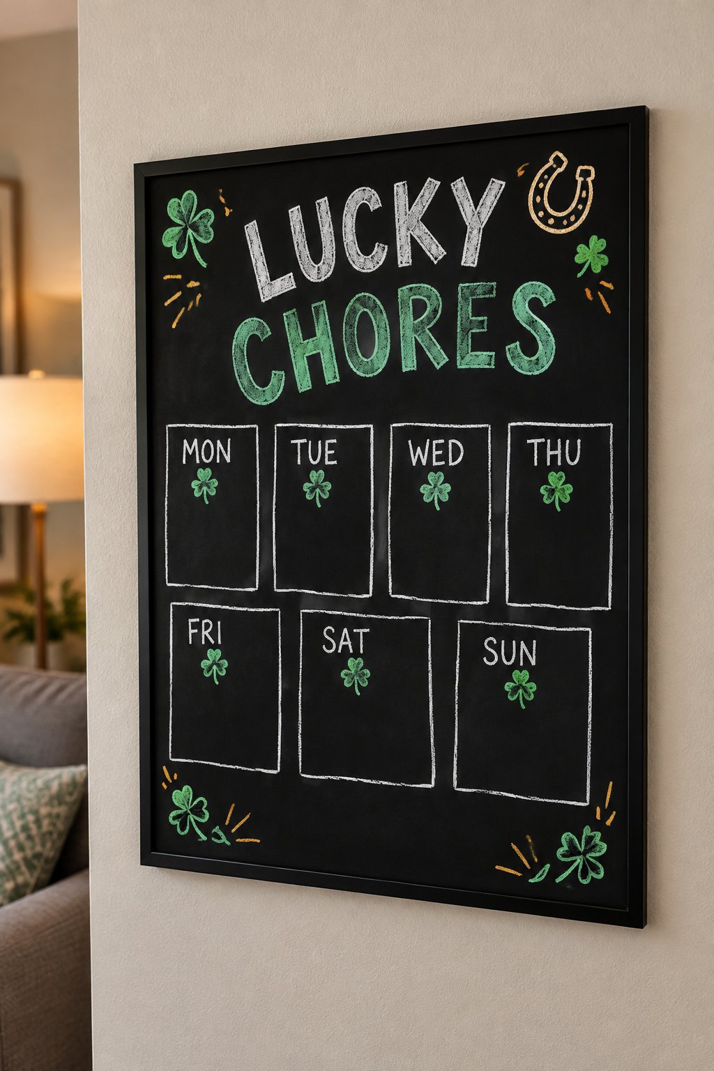 Lucky Chore Chart: a hand-drawn stpatricks chalkboard sign reading "LUCKY CHORES".