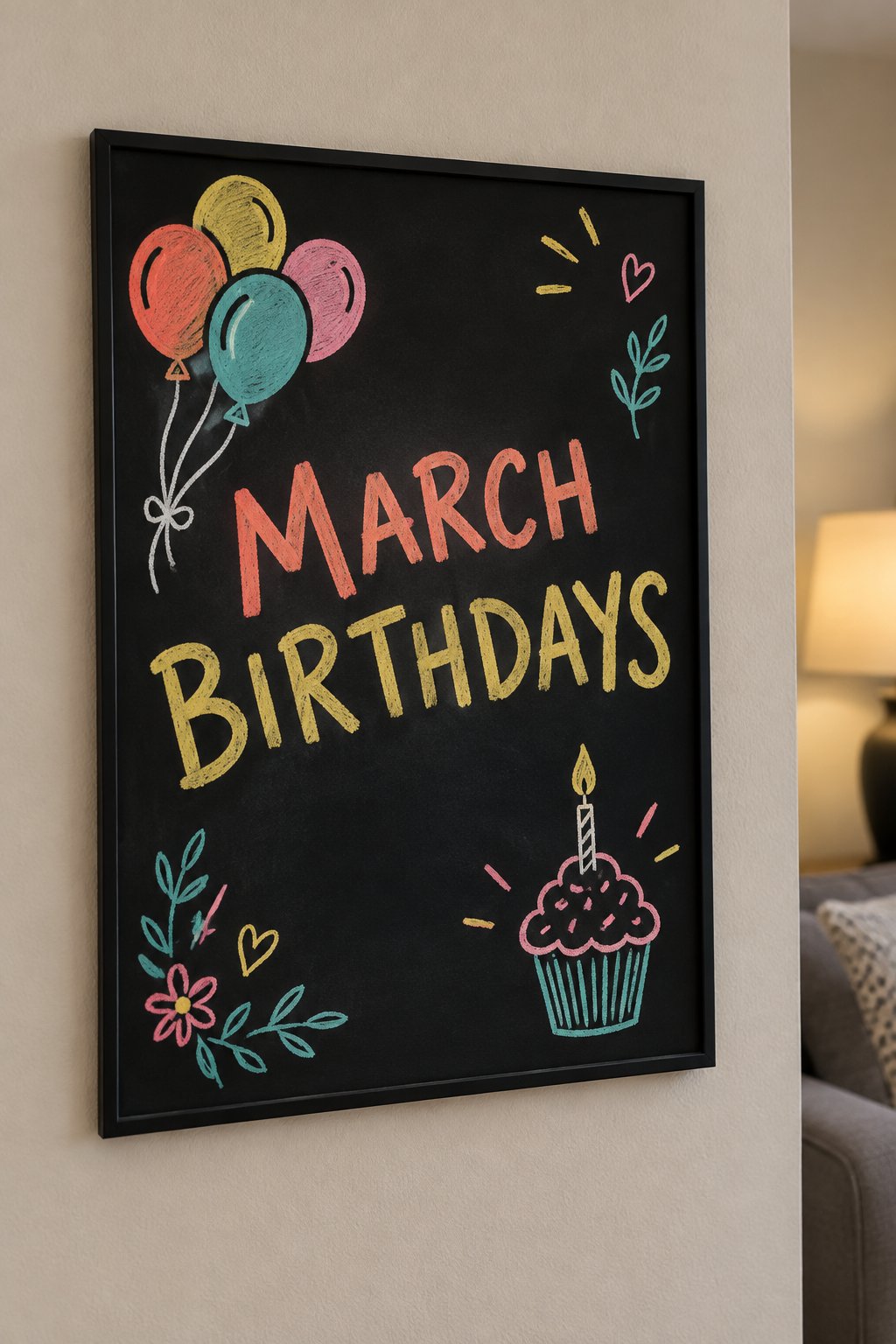 March Birthdays: a hand-drawn spring chalkboard sign reading "MARCH BIRTHDAYS".