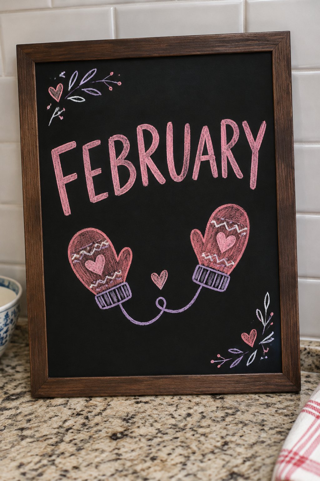 Mitten Pair: a hand-drawn valentines chalkboard sign reading "FEBRUARY".