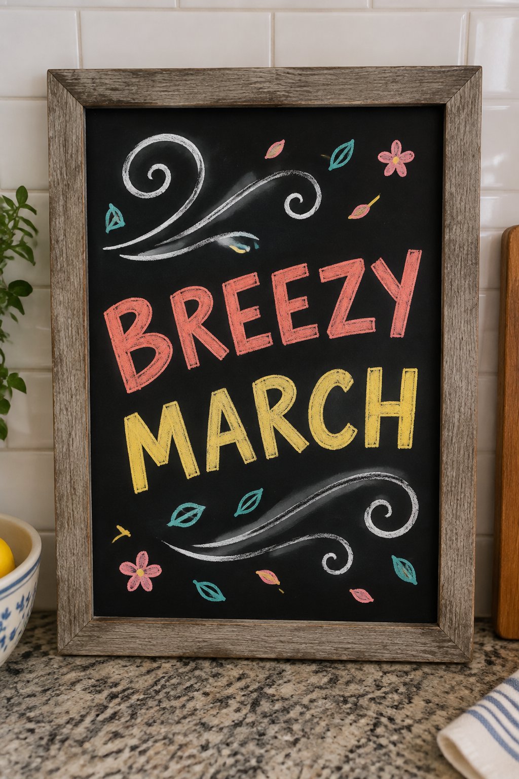 Breezy March: a hand-drawn spring chalkboard sign reading "BREEZY MARCH".