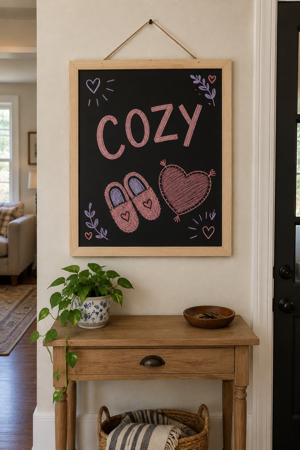 Cozy Slippers: a hand-drawn valentines chalkboard sign reading "COZY".