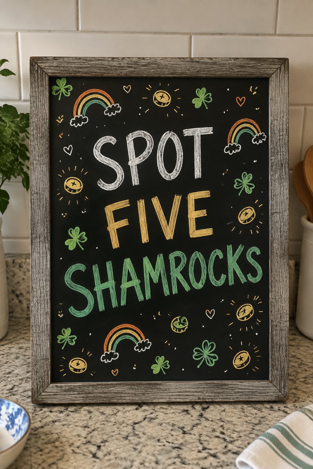 I Spy Shamrocks: a hand-drawn stpatricks chalkboard sign reading "SPOT FIVE SHAMROCKS".