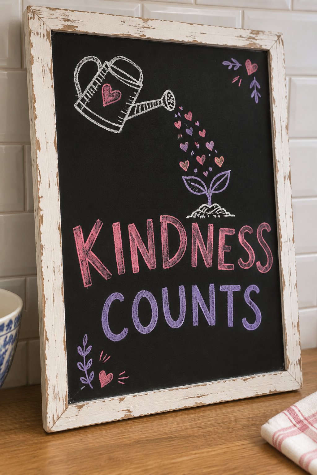 Kindness Counts: a hand-drawn valentines chalkboard sign reading "KINDNESS COUNTS".
