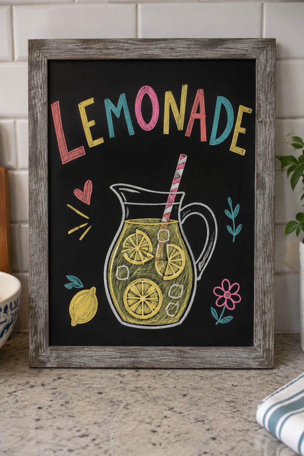 Lemonade Menu: a hand-drawn spring chalkboard sign reading "LEMONADE".