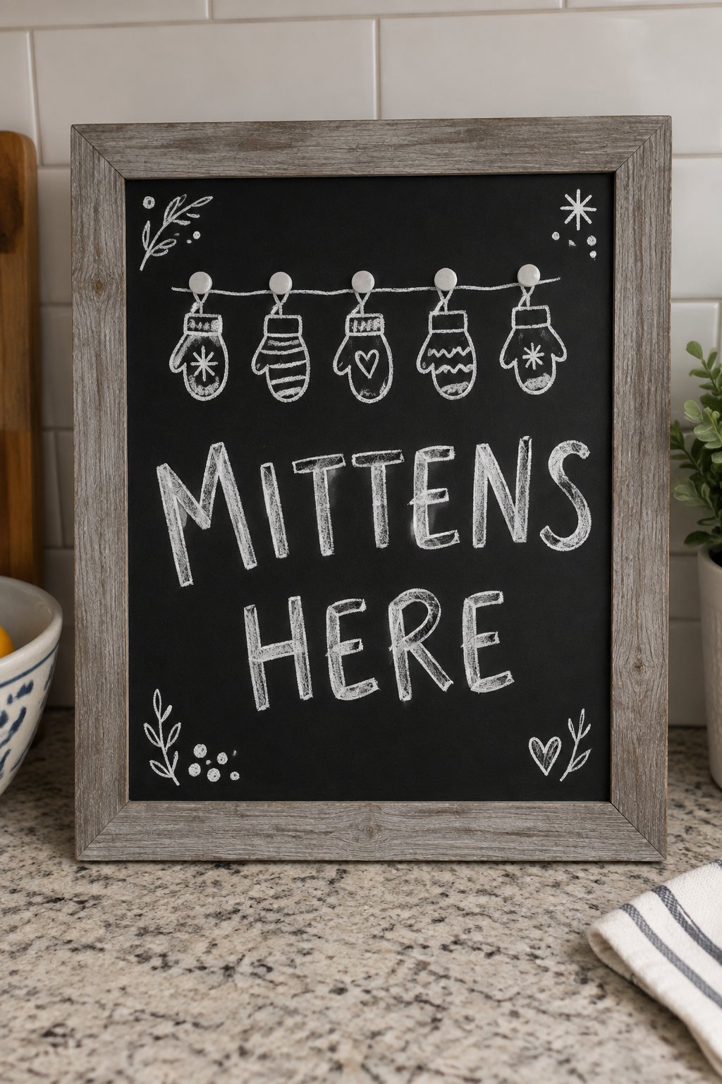 Mitten Hooks: a hand-drawn winter chalkboard sign reading "MITTENS HERE".