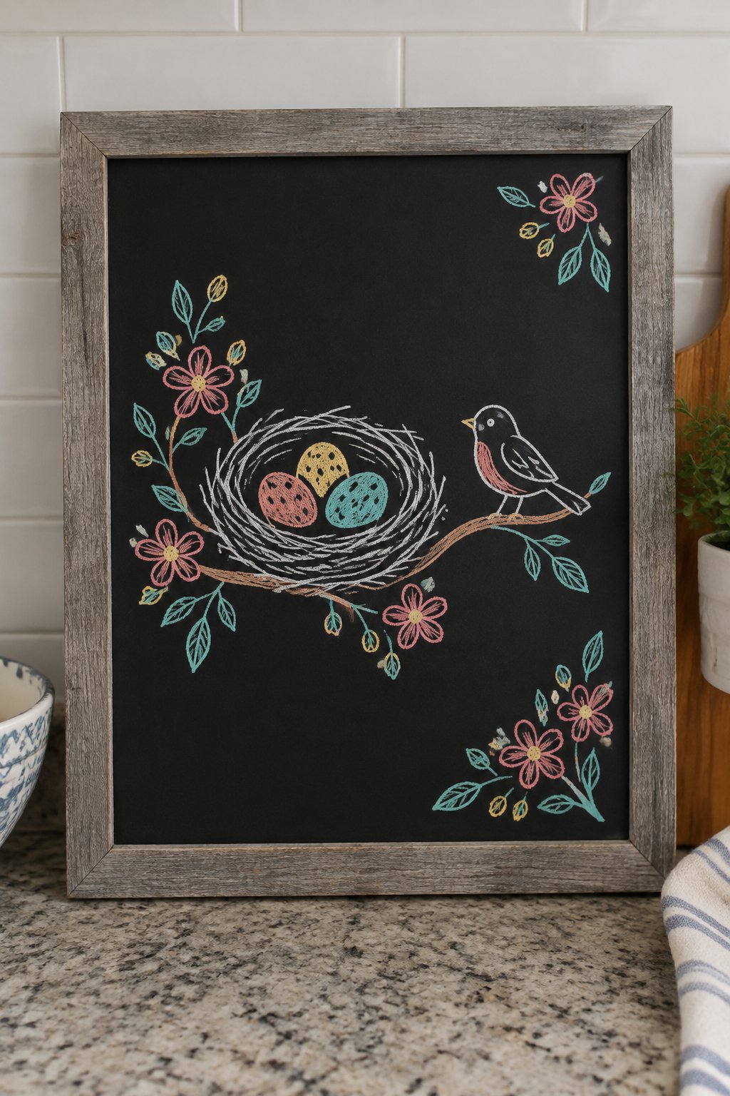 Nest and Blossoms: a hand-drawn spring chalkboard sign drawn without words, a bird's nest with three speckled eggs on a branch with blossoms.