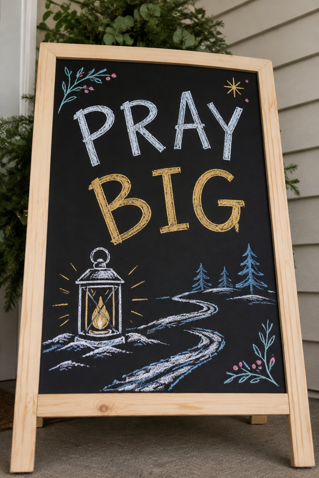 Pray Big: a hand-drawn newyear chalkboard sign reading "PRAY BIG".