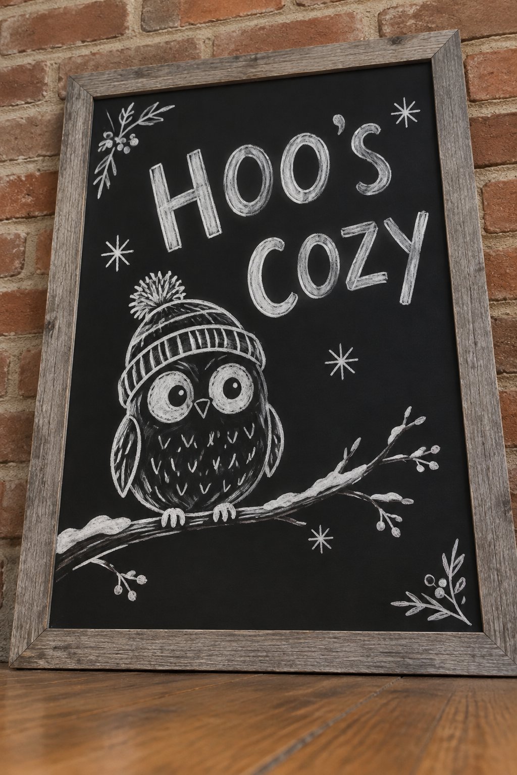 Winter Owl: a hand-drawn winter chalkboard sign reading "HOO'S COZY".