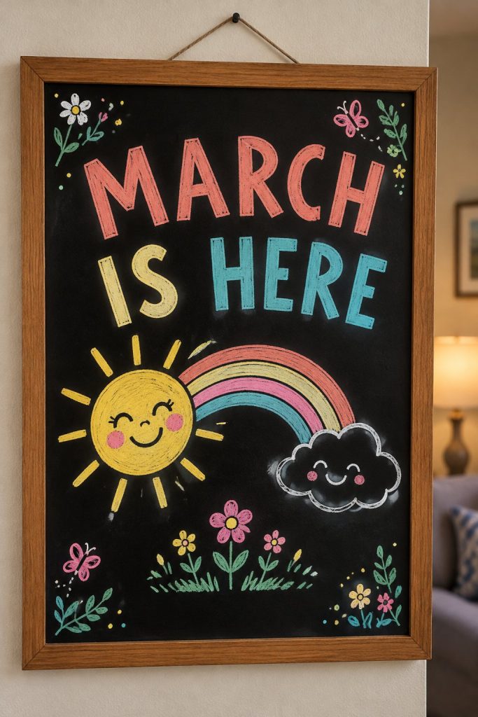A hand-drawn spring chalkboard sign reading "MARCH IS HERE".
