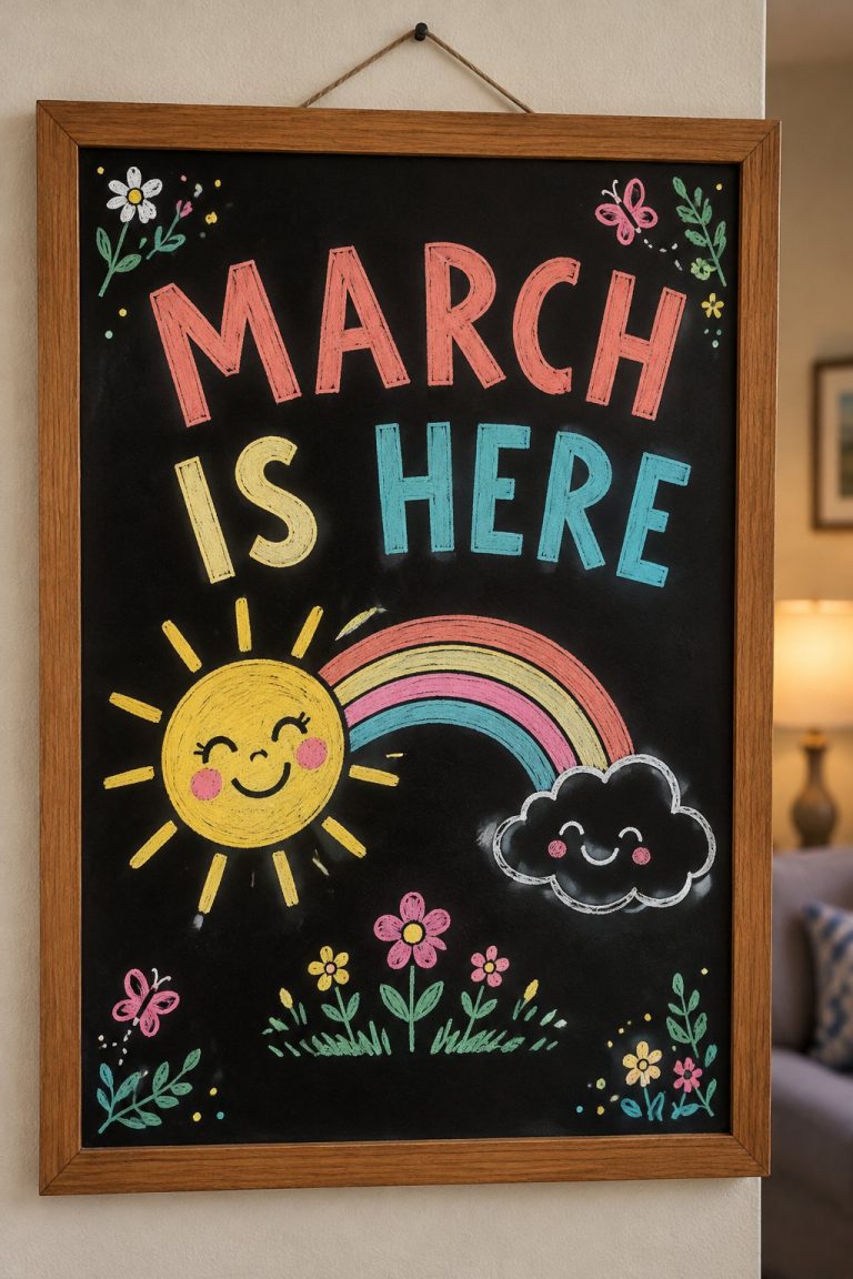 A hand-drawn spring chalkboard sign reading "MARCH IS HERE".