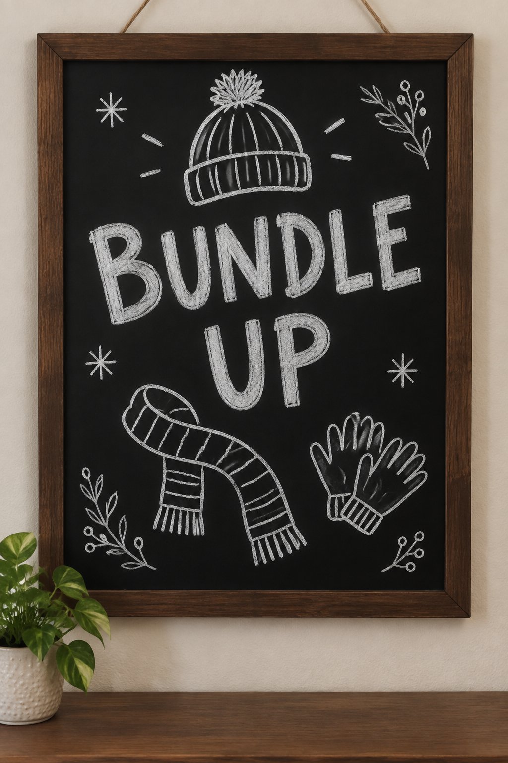 Bundle Up: a hand-drawn winter chalkboard sign reading "BUNDLE UP".