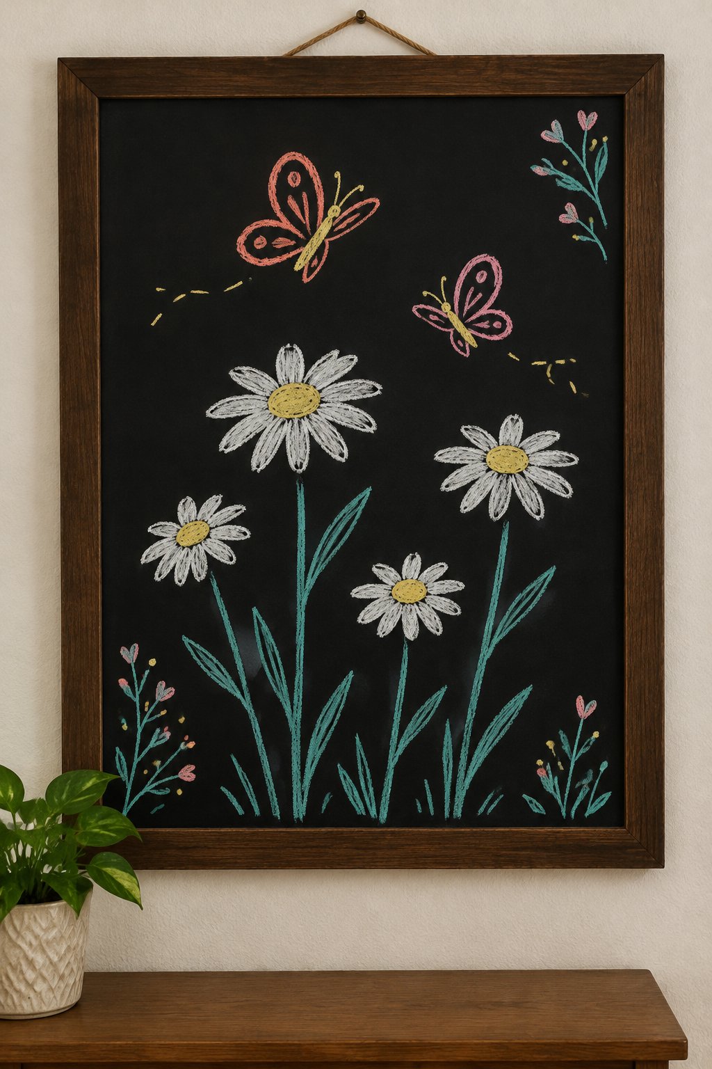 Butterfly Meadow: a hand-drawn spring chalkboard sign drawn without words, two butterflies fluttering over tall daisies.