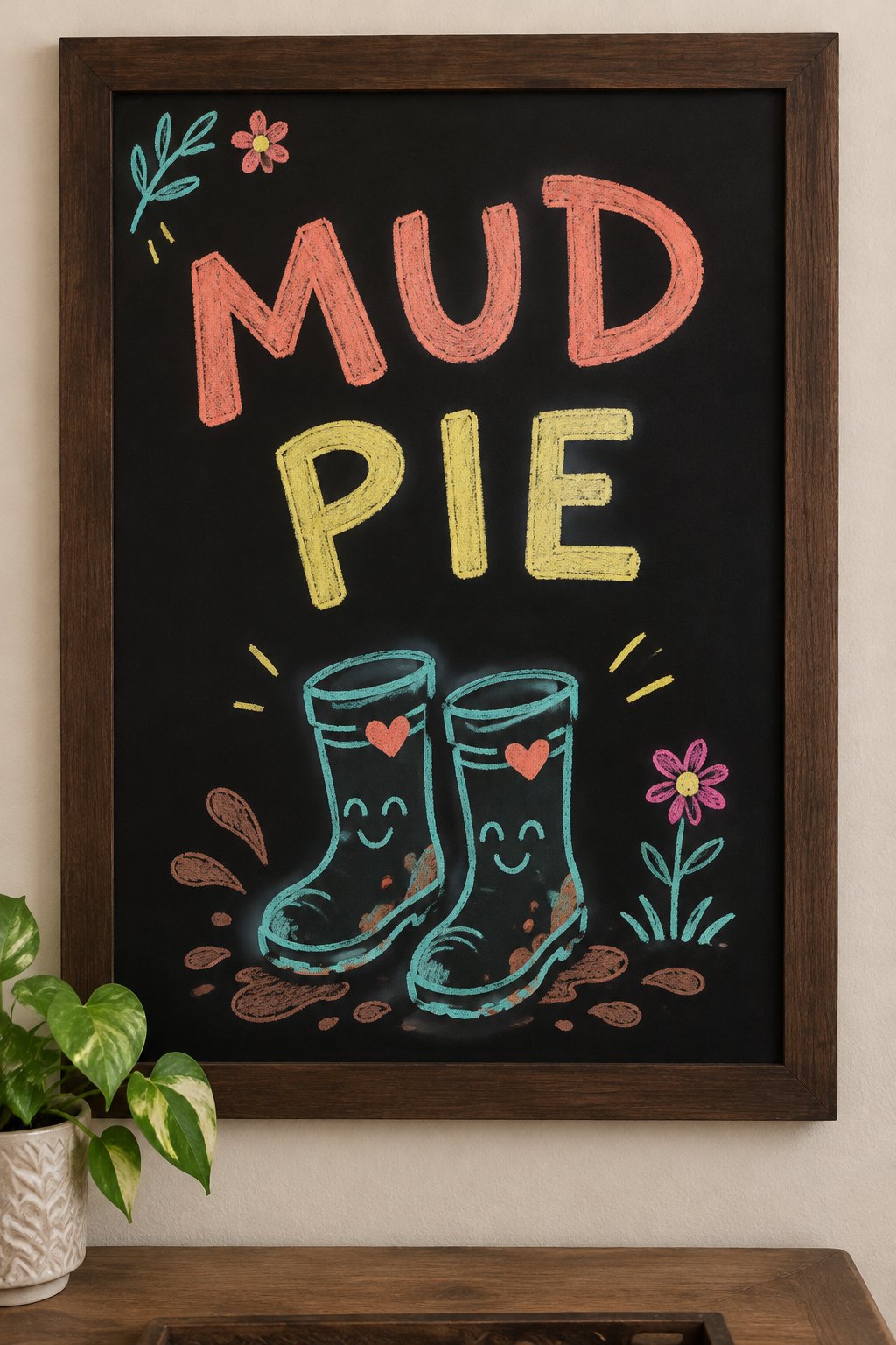 Hello Mud Season: a hand-drawn spring chalkboard sign reading "MUD PIE".