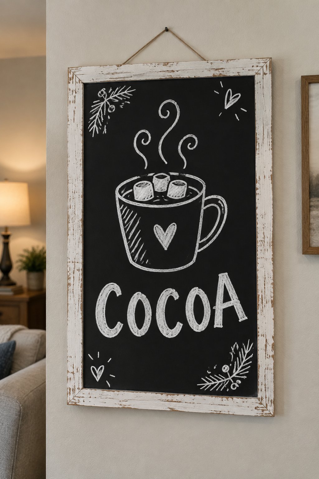 Hot Cocoa Mug: a hand-drawn winter chalkboard sign reading "COCOA".