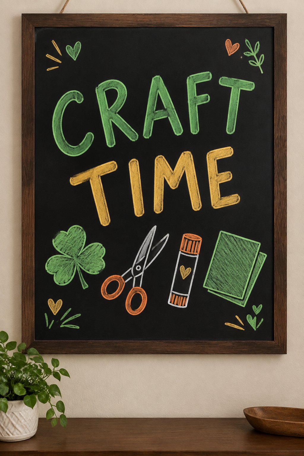 Paper Shamrock Craft: a hand-drawn stpatricks chalkboard sign reading "CRAFT TIME".