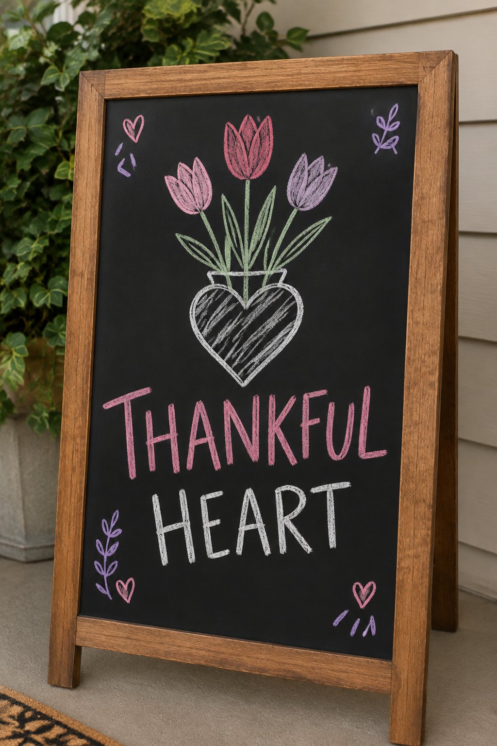 Thankful Heart: a hand-drawn valentines chalkboard sign reading "THANKFUL HEART".