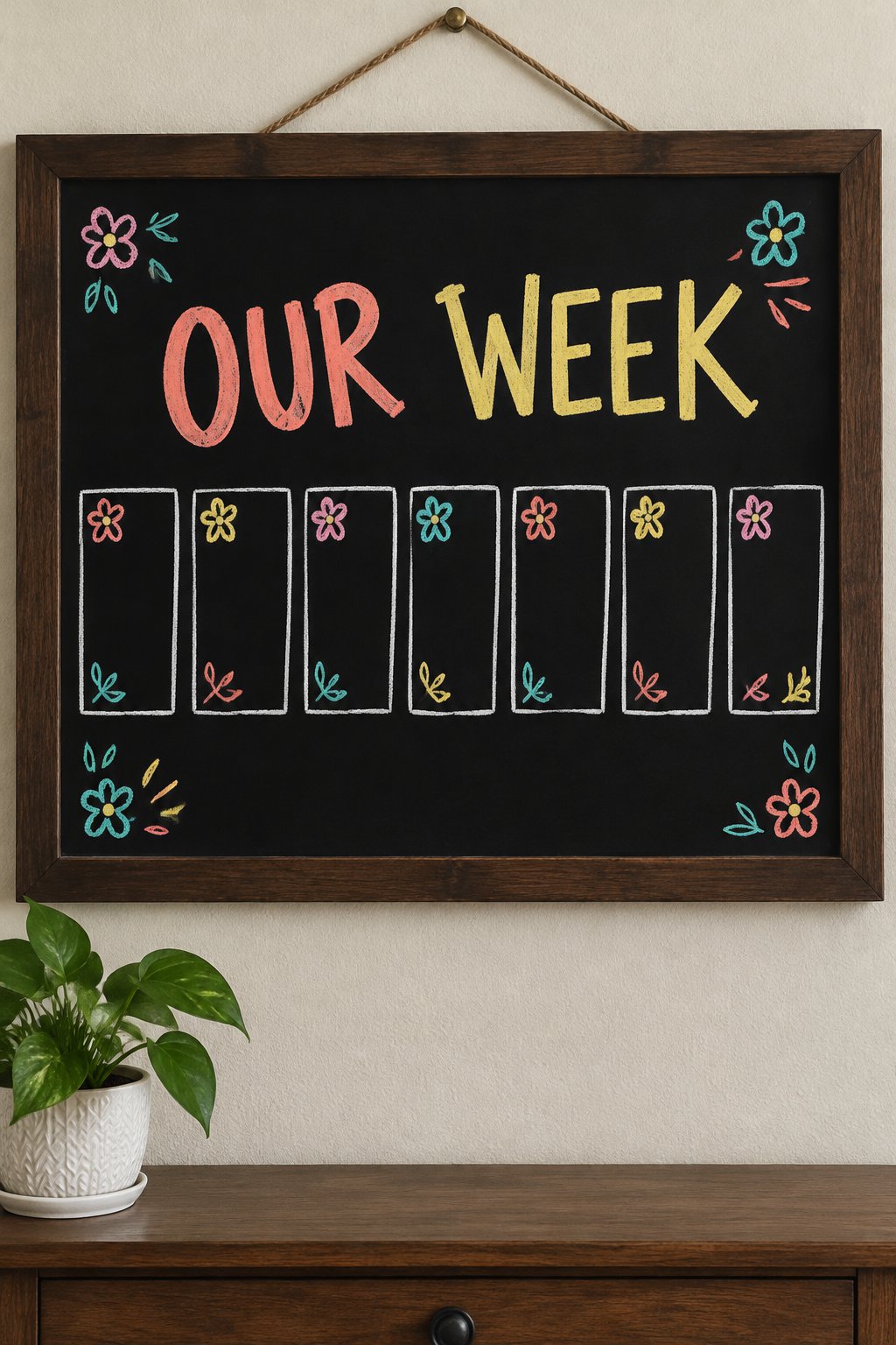 Weekly Family Schedule: a hand-drawn spring chalkboard sign reading "OUR WEEK".