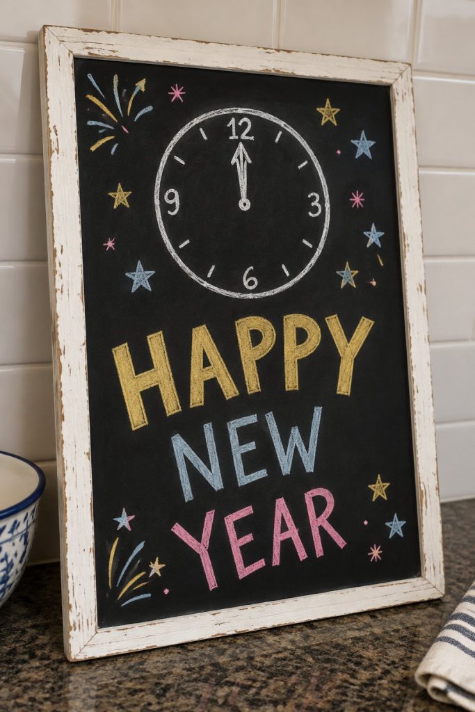 A hand-drawn newyear chalkboard sign reading "HAPPY NEW YEAR".