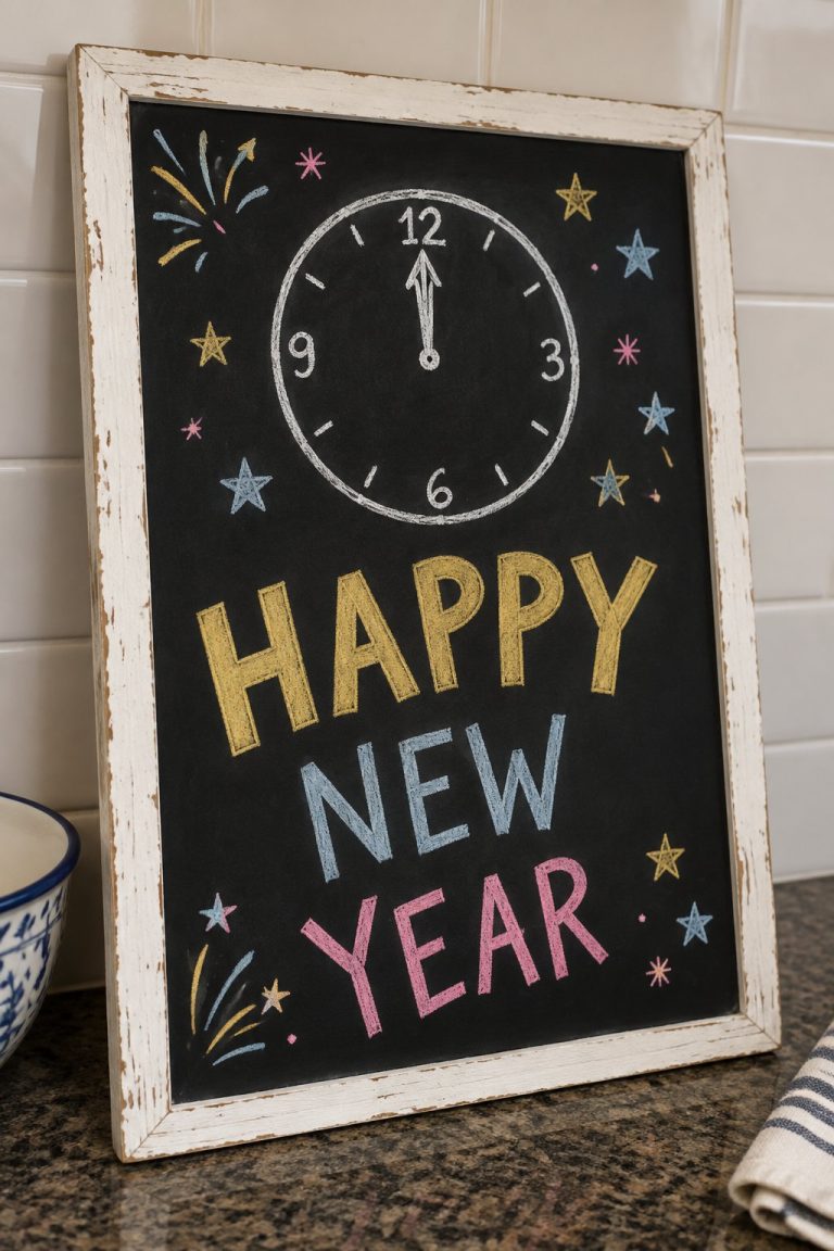 A hand-drawn newyear chalkboard sign reading "HAPPY NEW YEAR".