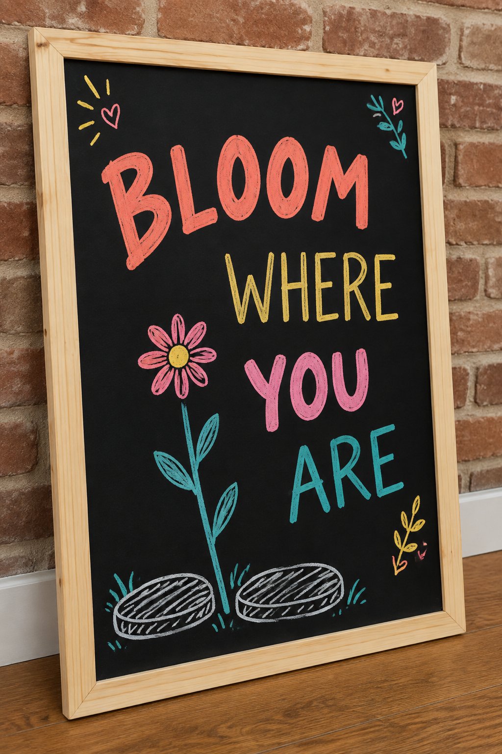 Bloom Where You Are: a hand-drawn spring chalkboard sign reading "BLOOM WHERE YOU ARE".