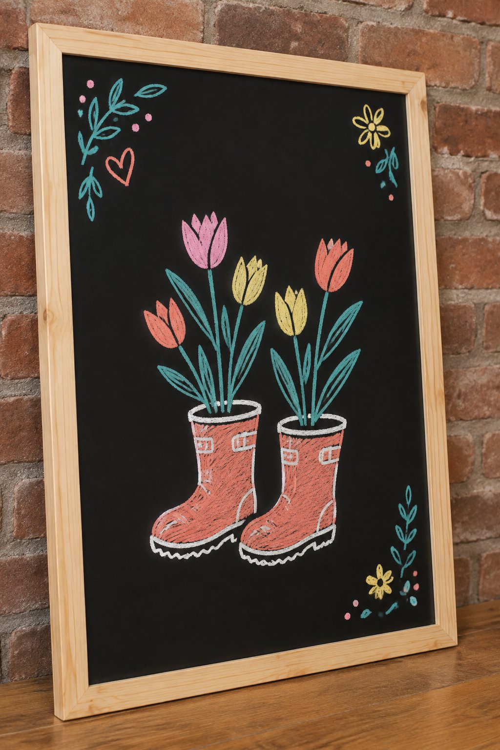 Boots and Tulips: a hand-drawn spring chalkboard sign drawn without words, a pair of tiny rain boots with tulips growing out of them.