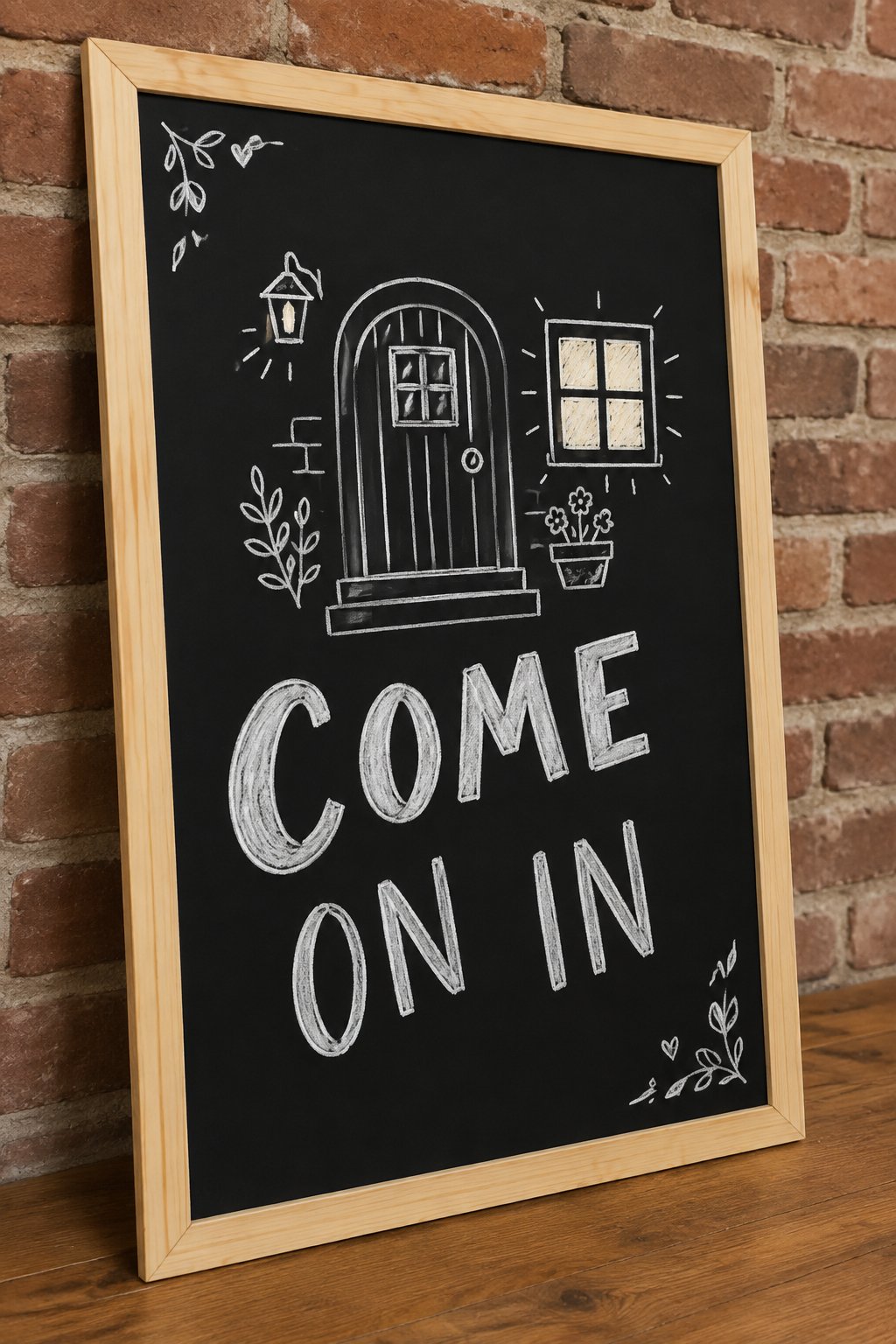Come On In: a hand-drawn winter chalkboard sign reading "COME ON IN".