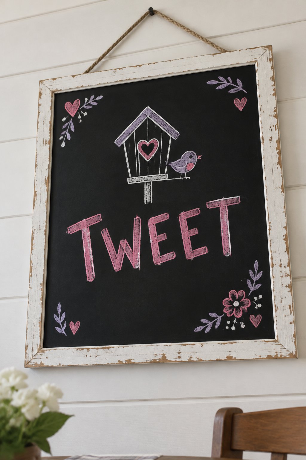 Heart Birdhouse: a hand-drawn valentines chalkboard sign reading "TWEET".