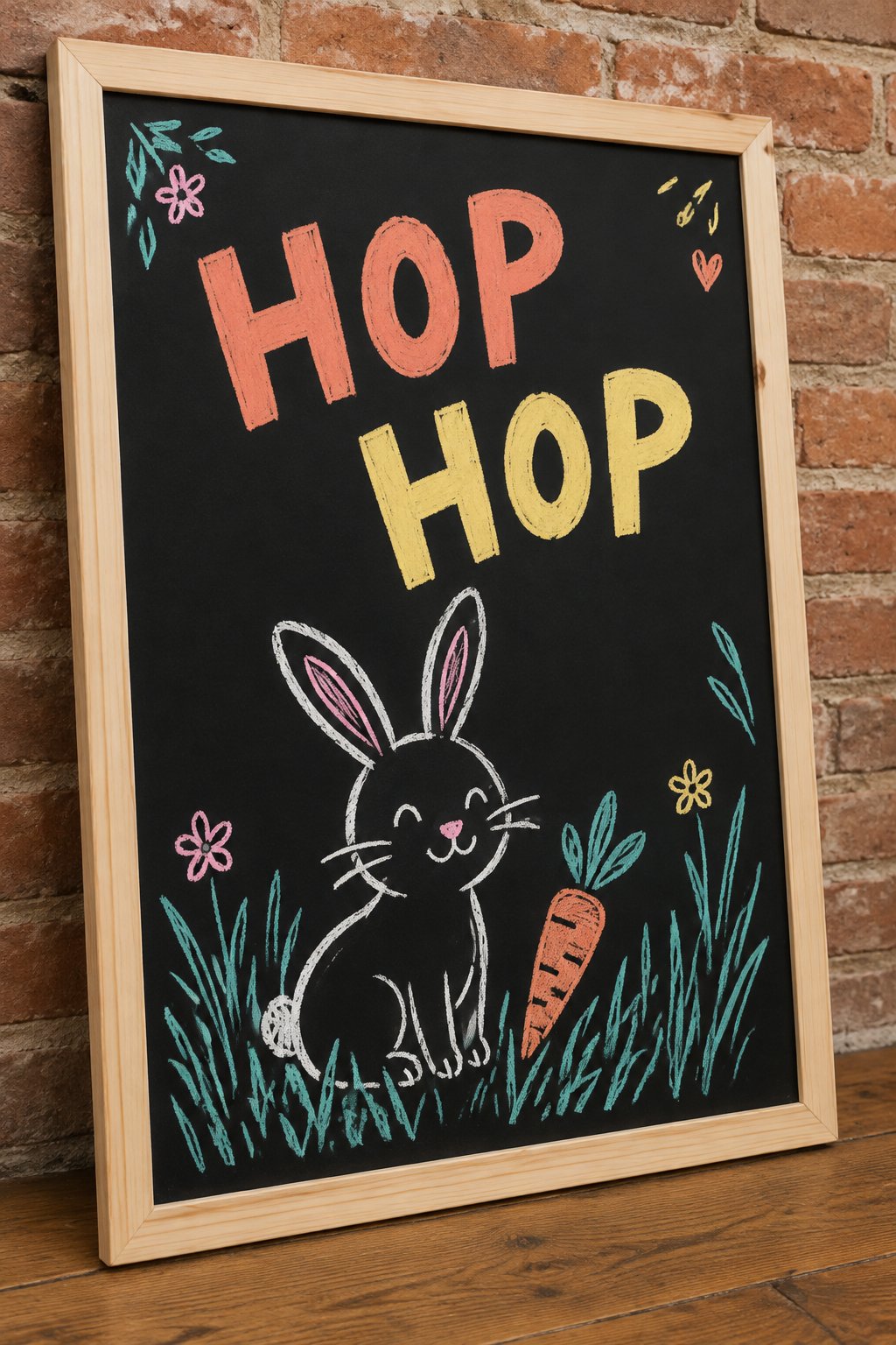 Little Bunny: a hand-drawn spring chalkboard sign reading "HOP HOP".