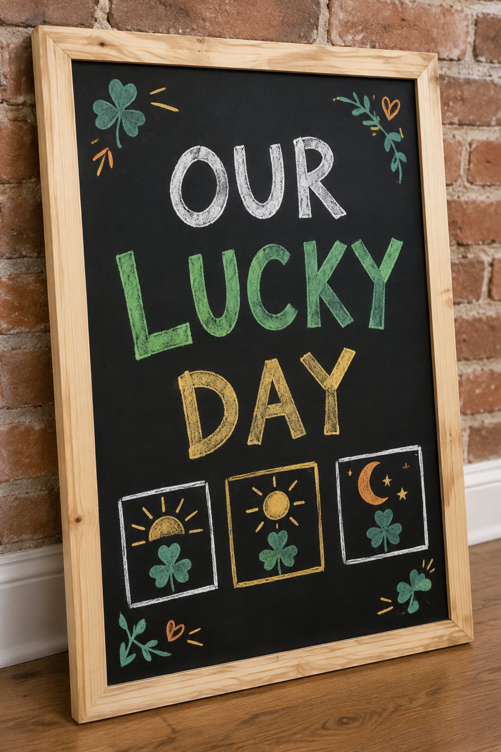 Our Lucky Day: a hand-drawn stpatricks chalkboard sign reading "OUR LUCKY DAY".