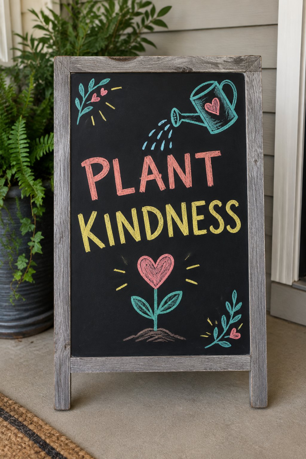 Plant Kindness: a hand-drawn spring chalkboard sign reading "PLANT KINDNESS".