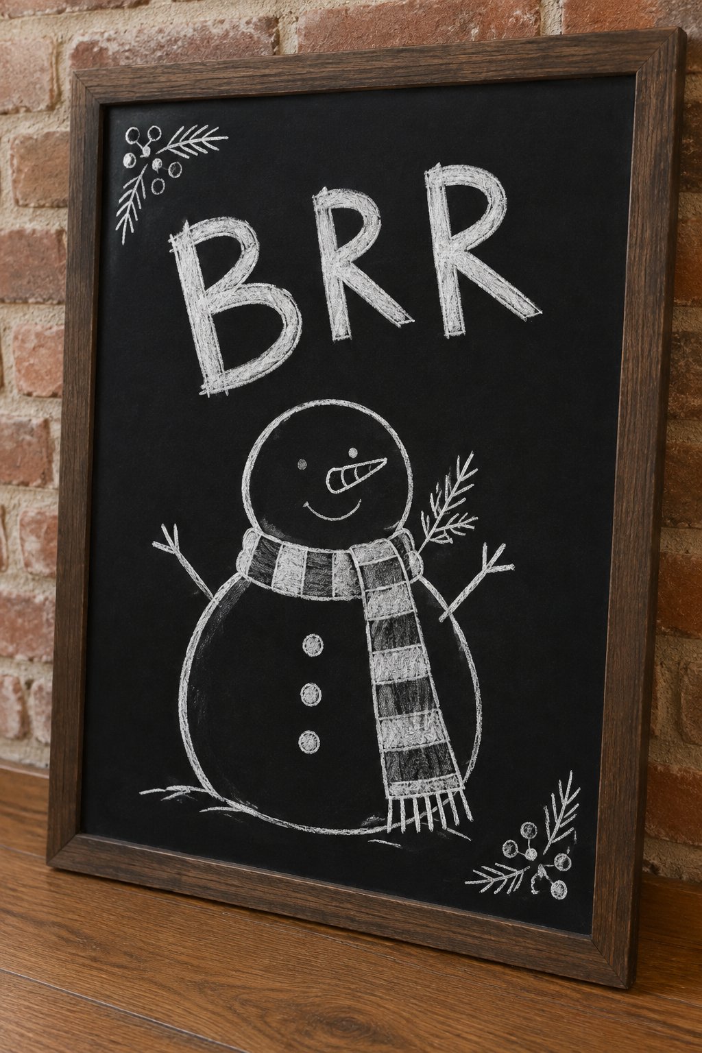 Scarf Snowman: a hand-drawn winter chalkboard sign reading "BRR".