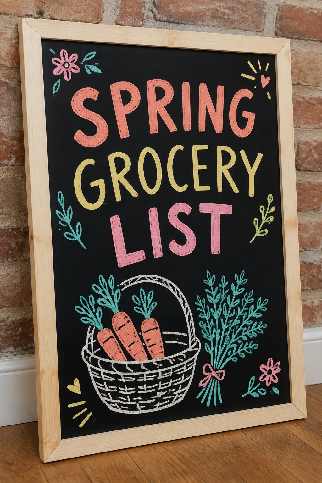 Spring Grocery List: a hand-drawn spring chalkboard sign reading "SPRING GROCERY LIST".