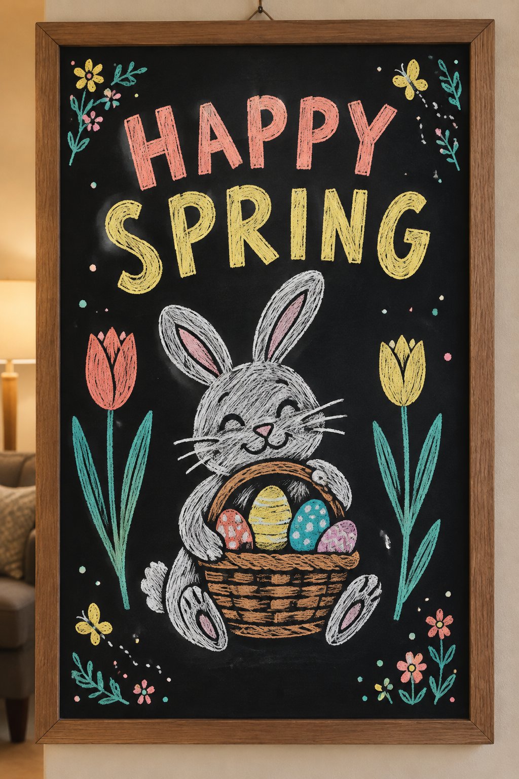 A hand-drawn spring chalkboard sign reading "HAPPY SPRING".