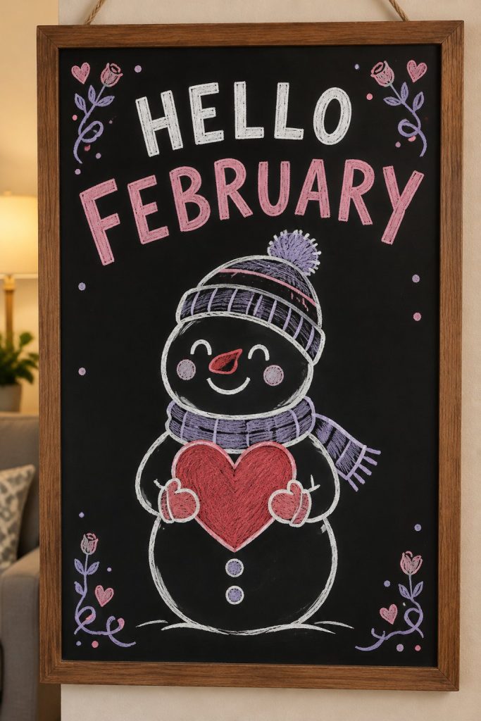 A hand-drawn valentines chalkboard sign reading "HELLO FEBRUARY".