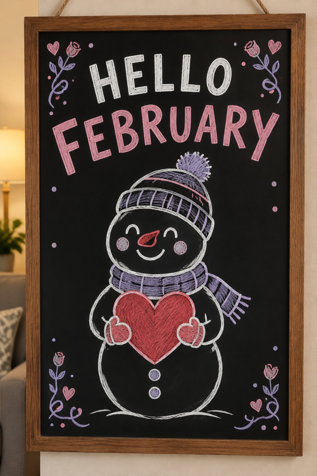 A hand-drawn valentines chalkboard sign reading "HELLO FEBRUARY".