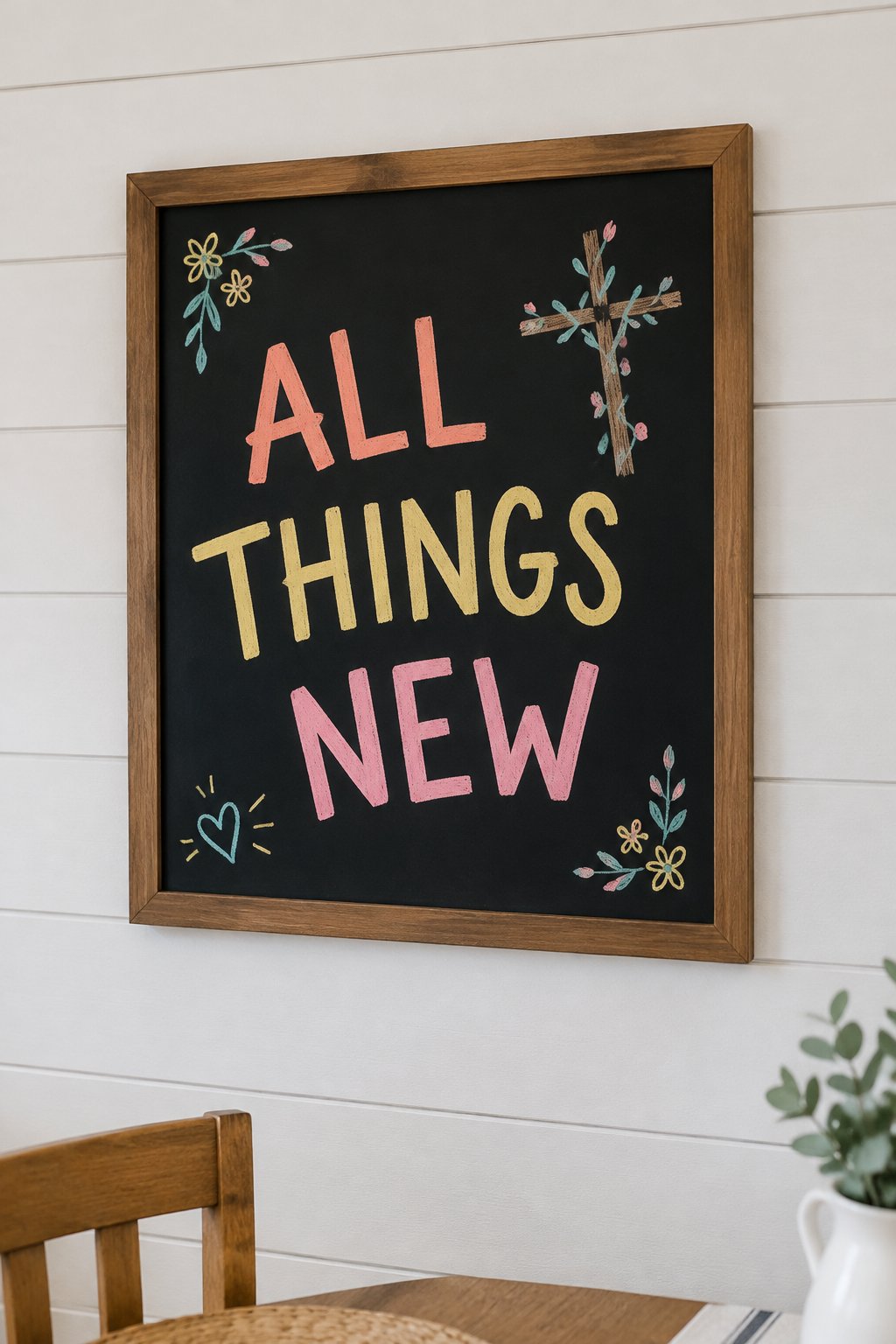 All Things New: a hand-drawn spring chalkboard sign reading "ALL THINGS NEW".